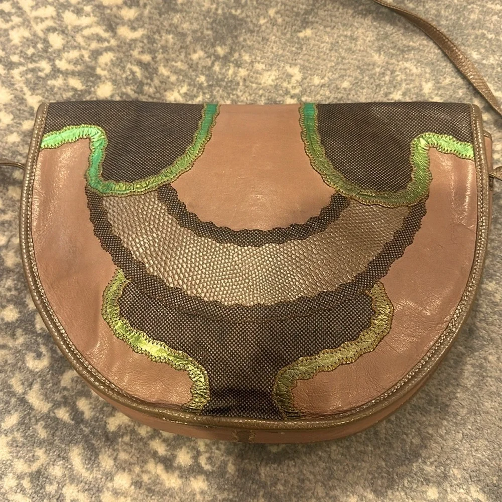 CARLOS FALCHI MULTI  SKIN BAG IN BROWNS AND BRONZE AND GREEN VINTAGE